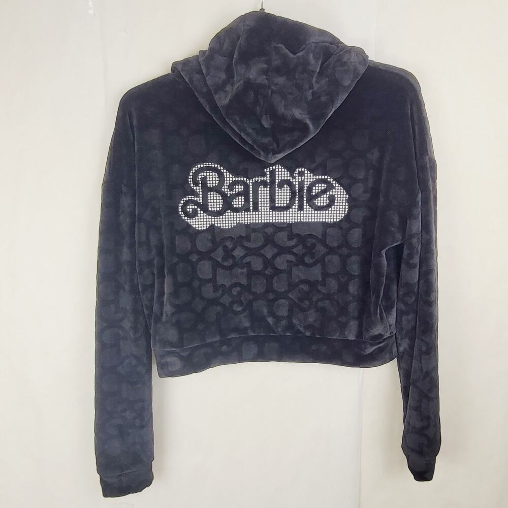 Barbie black velour all over logo full zip hoodie Size medium Girly Y2K Retro